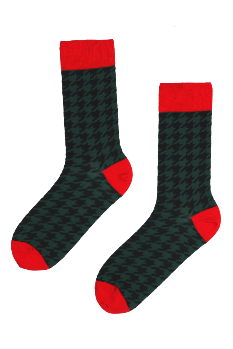 UOMO stylish suit socks featuring a black-dark green pattern with a vibrant red heel and lower part, made from mercerized cotton.