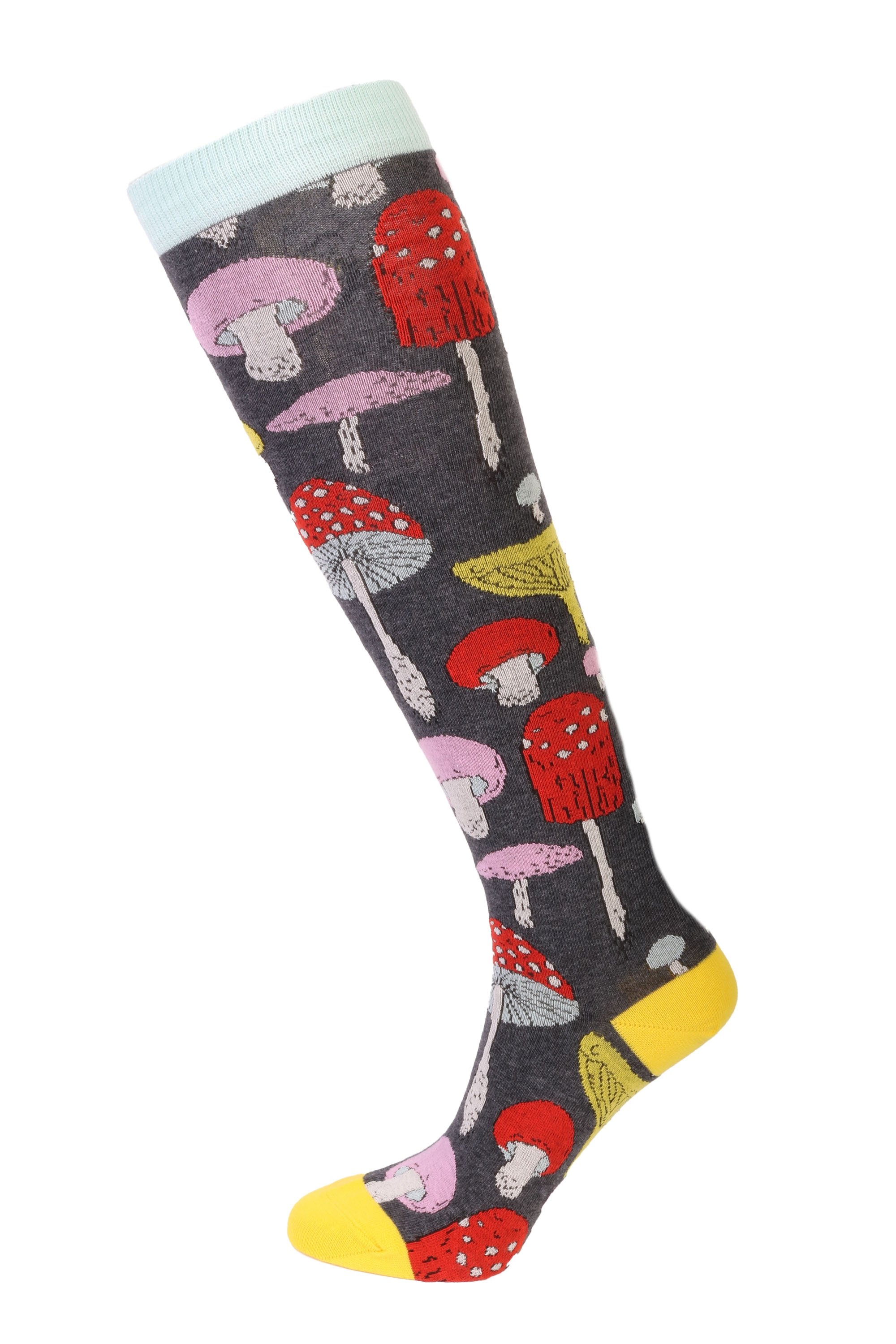 Colorful knee-high socks featuring a whimsical mushroom pattern, perfect for autumn wear.