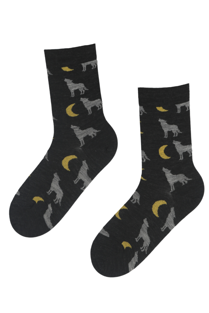Dark gray merino wool socks featuring a stylish wolf design, suitable for both men and women.