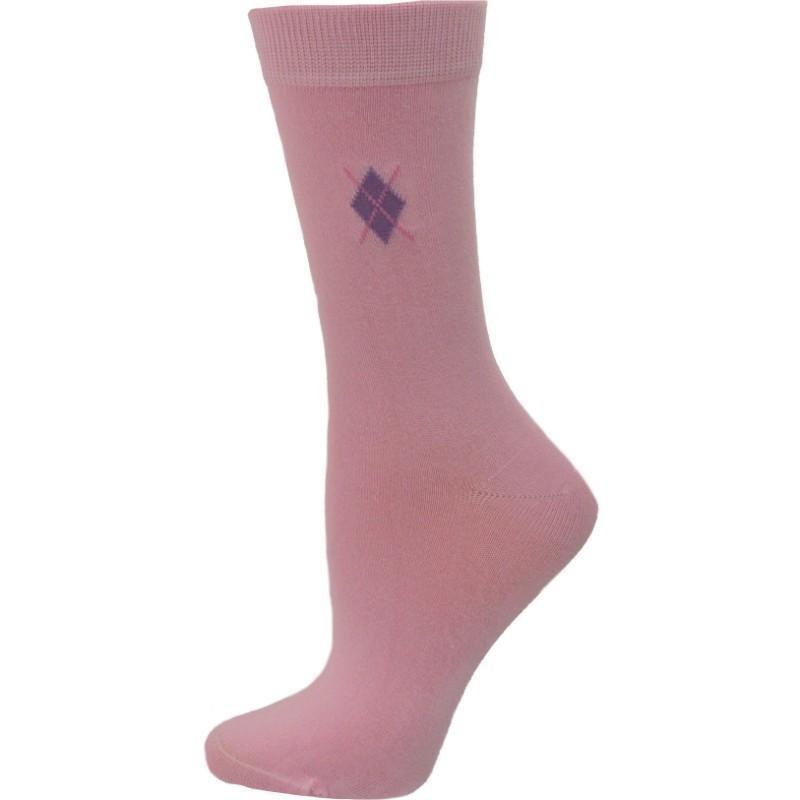 A pair of Women's Argyle Pattern Bamboo Crew Socks featuring a colorful design, showcasing their soft texture and smooth toe seaming.