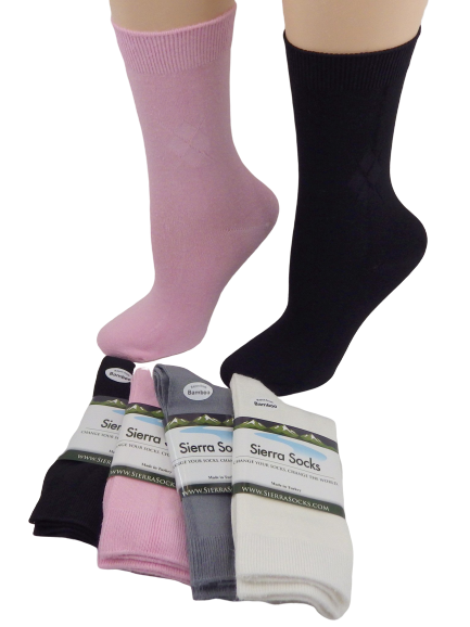 A pair of Women's Bamboo Crew Socks featuring a classic diamond argyle pattern in four colors, showcasing their soft texture and seamless toe design.