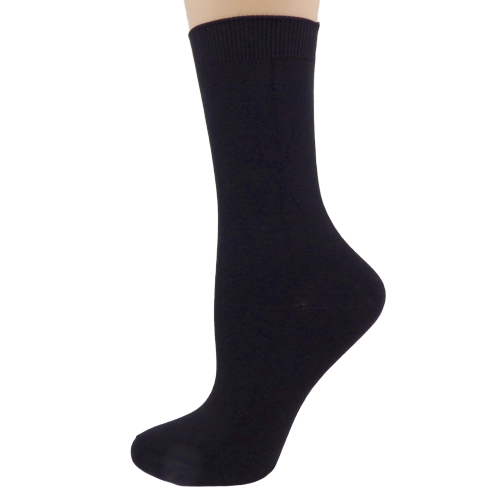 A pair of Women's Bamboo Crew Socks featuring a classic diamond argyle pattern in four colors, showcasing their soft texture and seamless toe design.