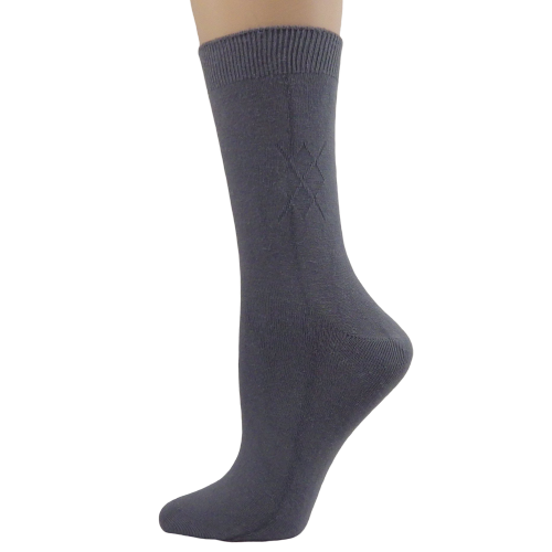 A pair of Women's Bamboo Crew Socks featuring a classic diamond argyle pattern in four colors, showcasing their soft texture and seamless toe design.