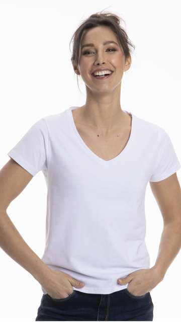 A collection of Women's Classic Cotton V-Neck T-Shirts in various colors, showcasing the soft fabric and stylish design.