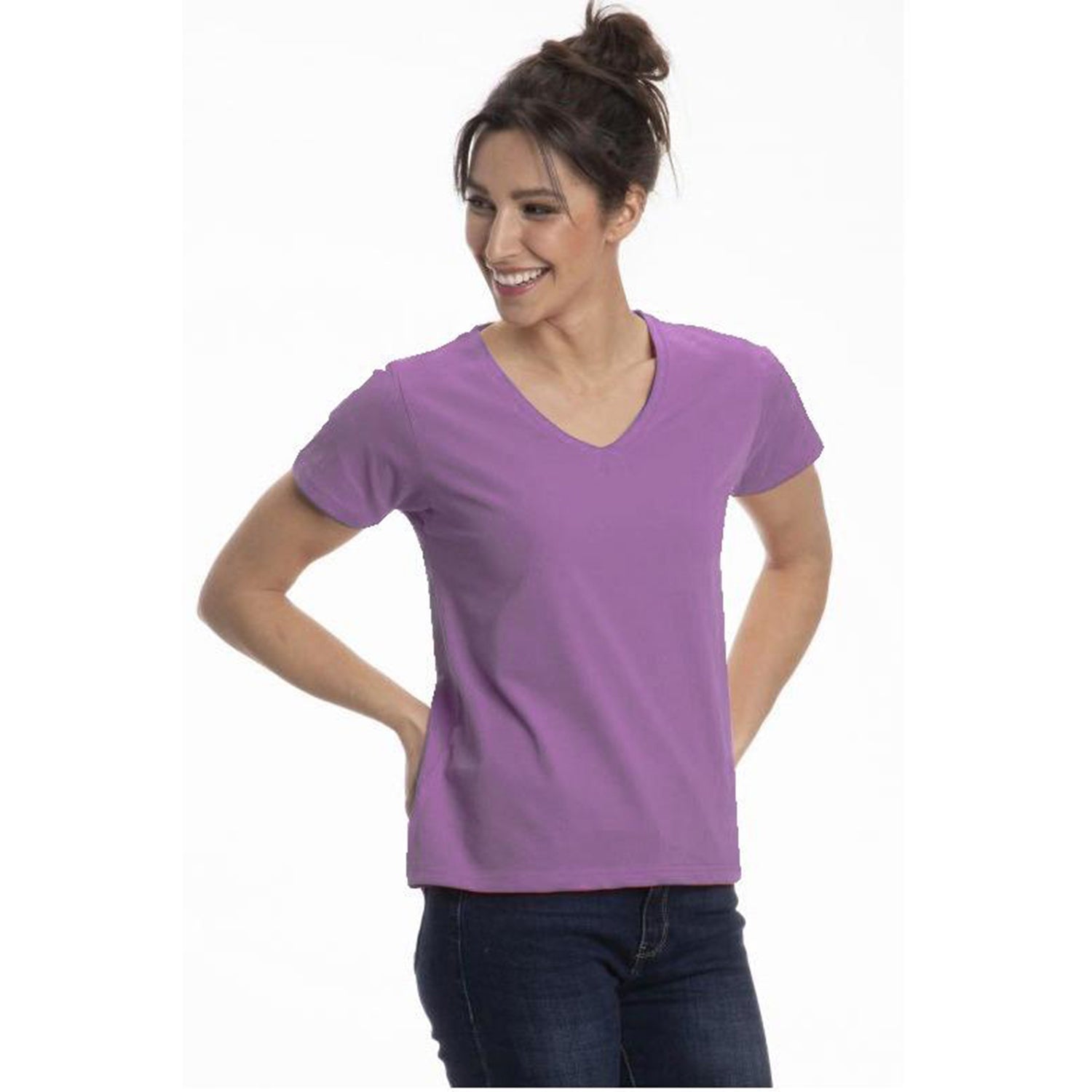 A collection of Women's Classic Cotton V-Neck T-Shirts in various colors, showcasing the soft fabric and stylish design.