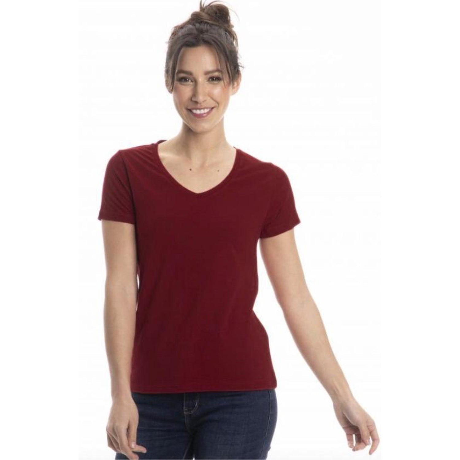 A collection of Women's Classic Cotton V-Neck T-Shirts in various colors, showcasing the soft fabric and stylish design.