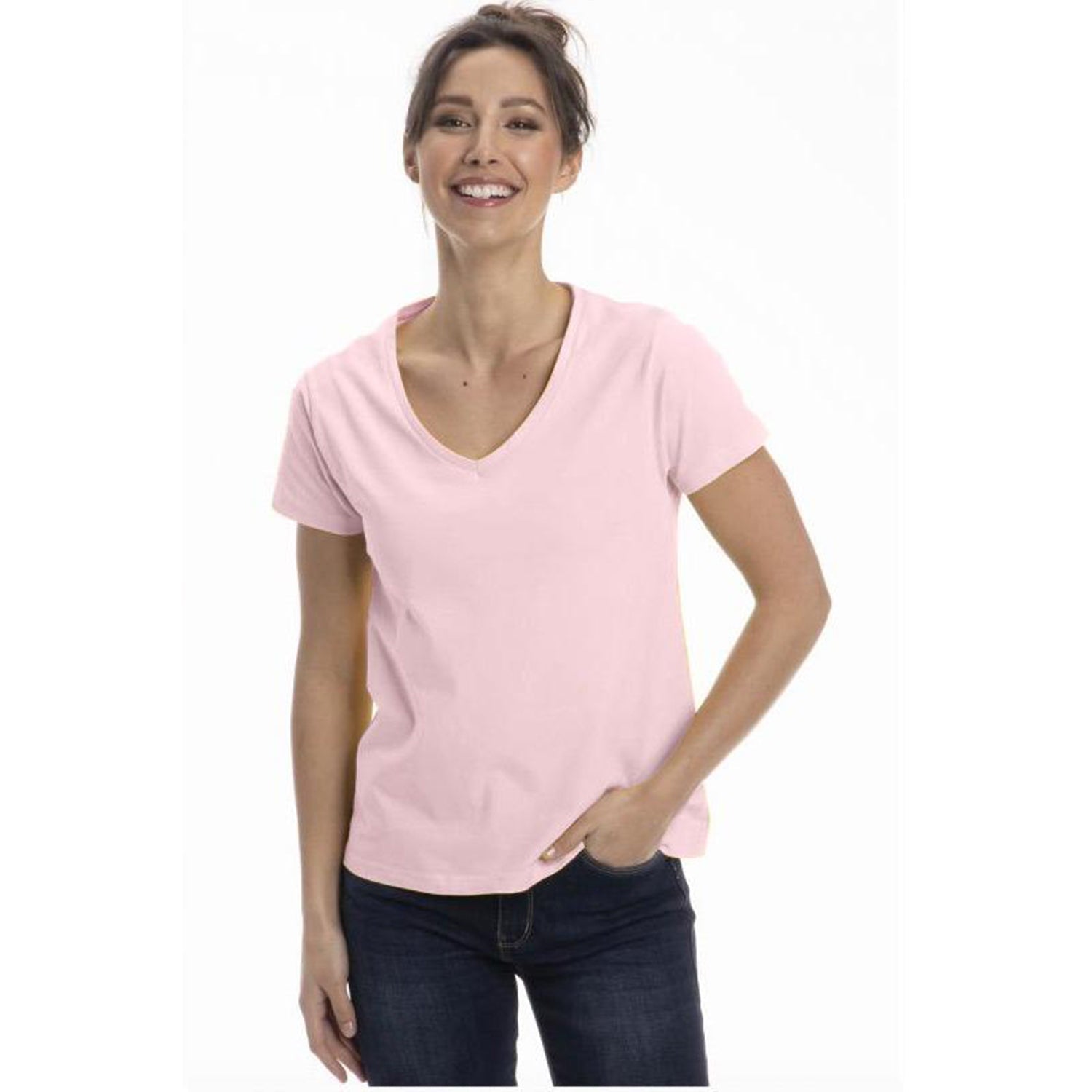 A collection of Women's Classic Cotton V-Neck T-Shirts in various colors, showcasing the soft fabric and stylish design.