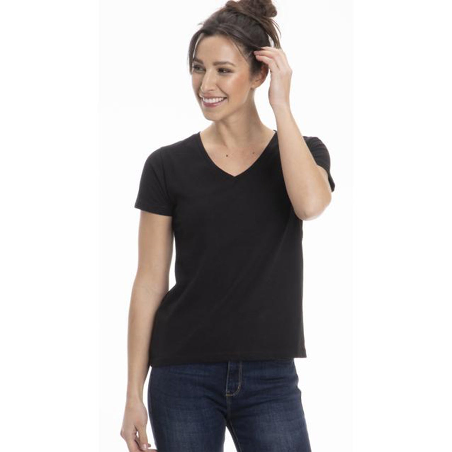 A collection of Women's Classic Cotton V-Neck T-Shirts in various colors, showcasing the soft fabric and stylish design.
