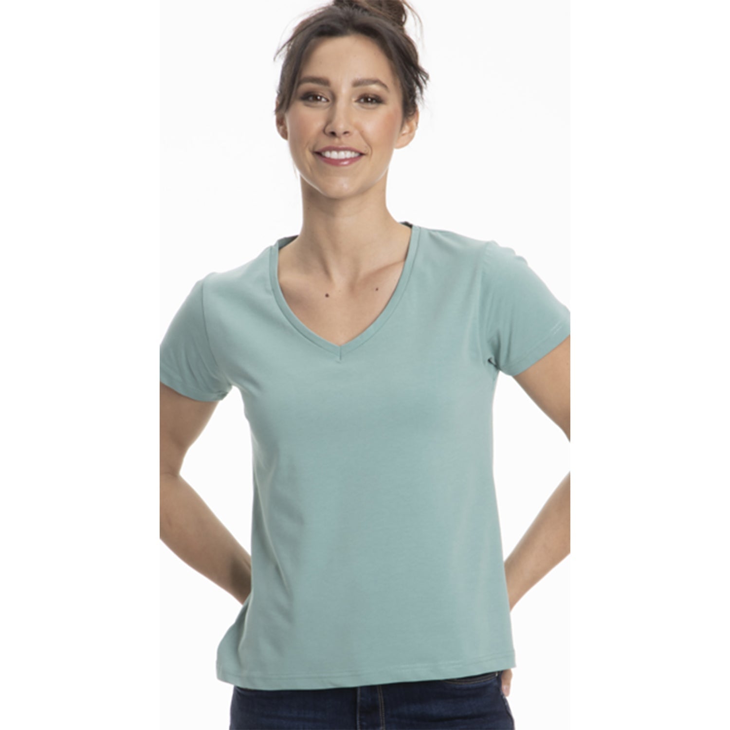 A collection of Women's Classic Cotton V-Neck T-Shirts in various colors, showcasing the soft fabric and stylish design.