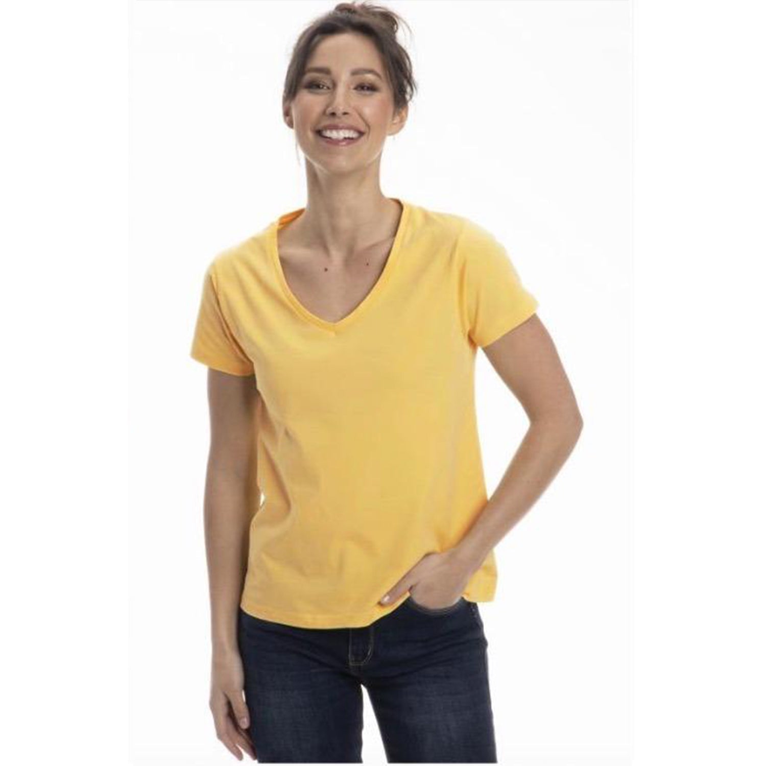 A collection of Women's Classic Cotton V-Neck T-Shirts in various colors, showcasing the soft fabric and stylish design.