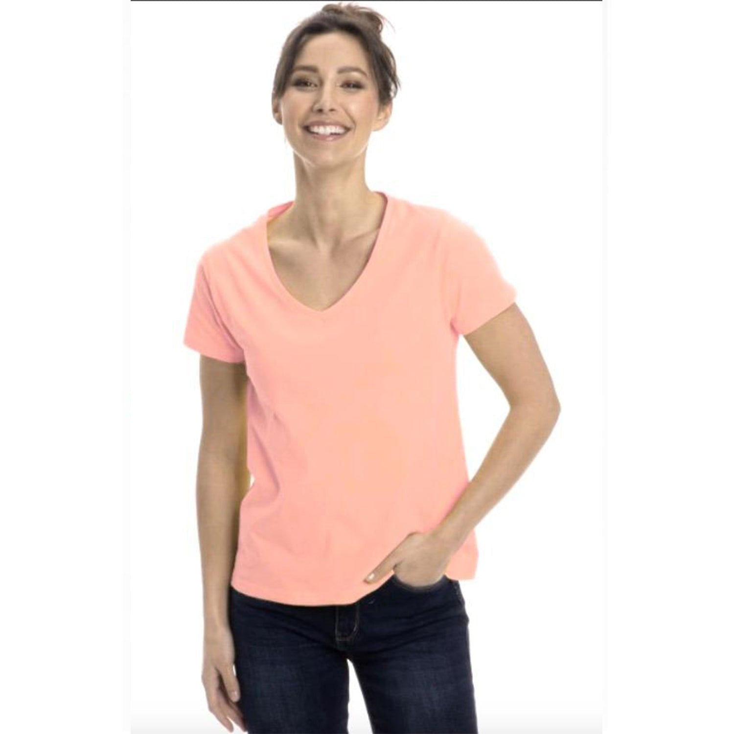A collection of Women's Classic Cotton V-Neck T-Shirts in various colors, showcasing the soft fabric and stylish design.