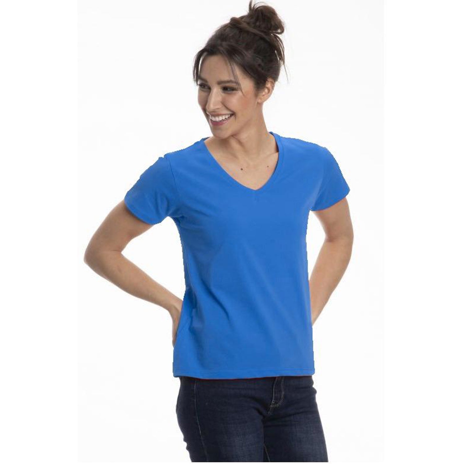 A collection of Women's Classic Cotton V-Neck T-Shirts in various colors, showcasing the soft fabric and stylish design.