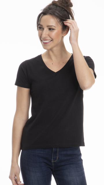 A collection of Women's Classic Cotton V-Neck T-Shirts in various colors, showcasing the soft fabric and stylish design.