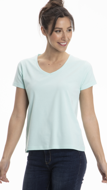 A collection of Women's Classic Cotton V-Neck T-Shirts in various colors, showcasing the soft fabric and stylish design.