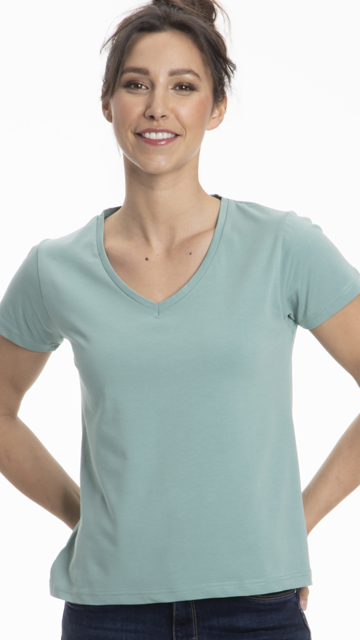 A collection of Women's Classic Cotton V-Neck T-Shirts in various colors, showcasing the soft fabric and stylish design.