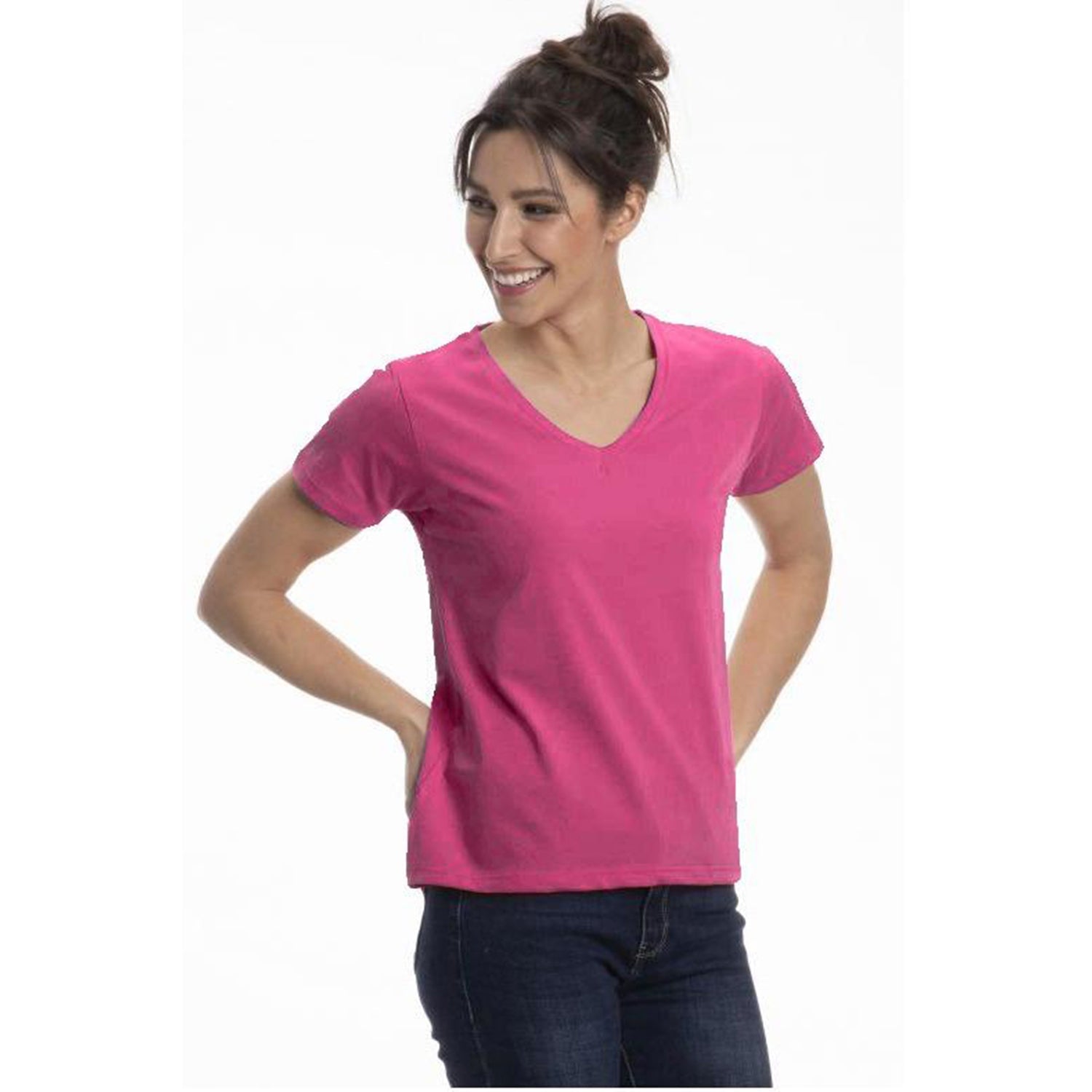 A collection of Women's Classic Cotton V-Neck T-Shirts in various colors, showcasing the soft fabric and stylish design.