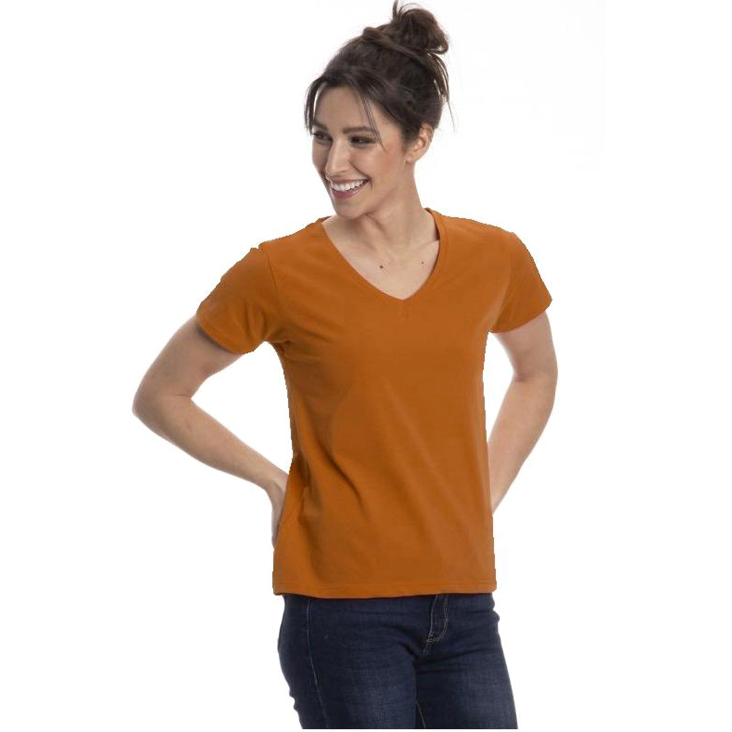 A collection of Women's Classic Cotton V-Neck T-Shirts in various colors, showcasing the soft fabric and stylish design.