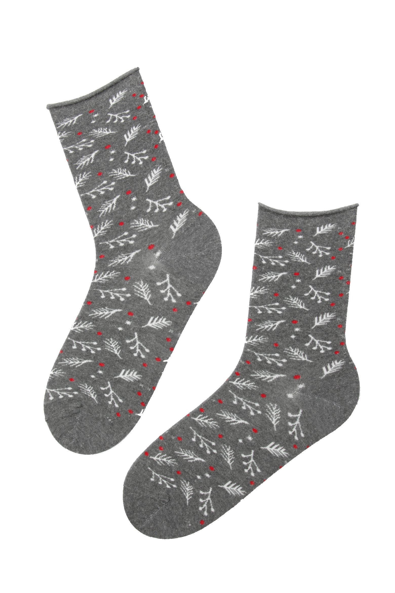 WONDERLAND grey angora socks for women featuring a stylish red and white pattern, perfect for cold weather.