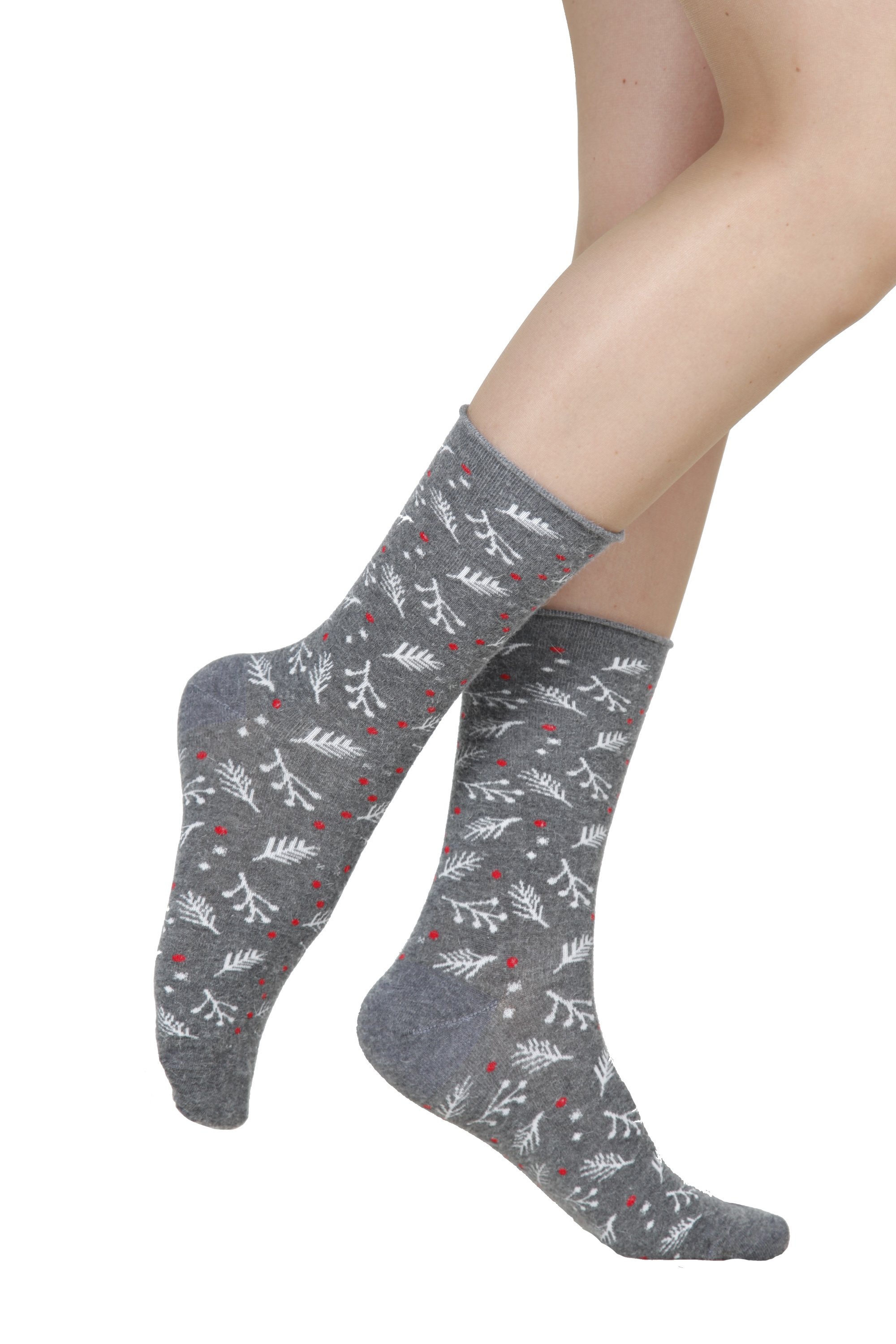 WONDERLAND grey angora socks for women featuring a stylish red and white pattern, perfect for cold weather.