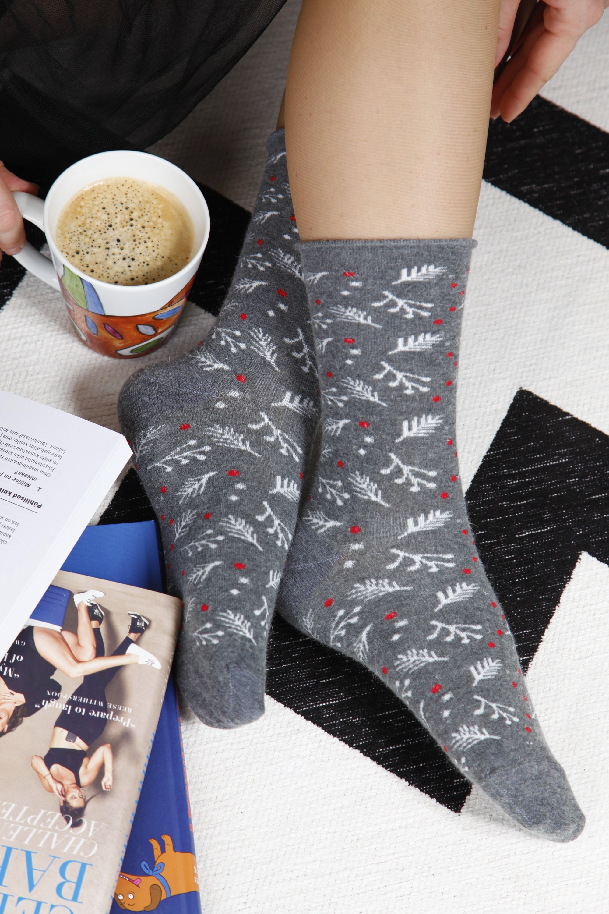 WONDERLAND grey angora socks for women featuring a stylish red and white pattern, perfect for cold weather.