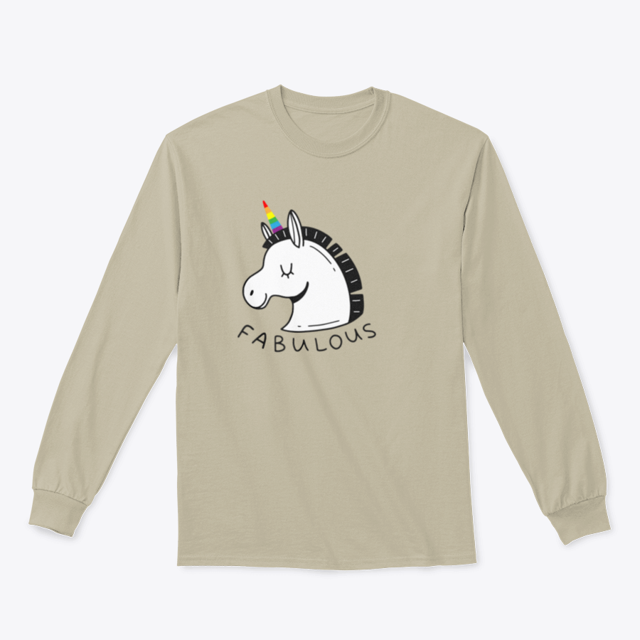 A colorful unicorn with an LGBT rainbow horn and the word 'Fabulous' in a doodle style, showcasing vibrant colors and a playful design.