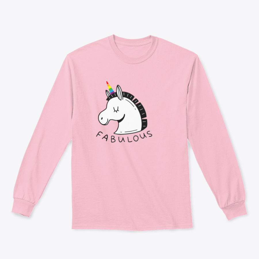 A colorful unicorn with an LGBT rainbow horn and the word 'Fabulous' in a doodle style, showcasing vibrant colors and a playful design.