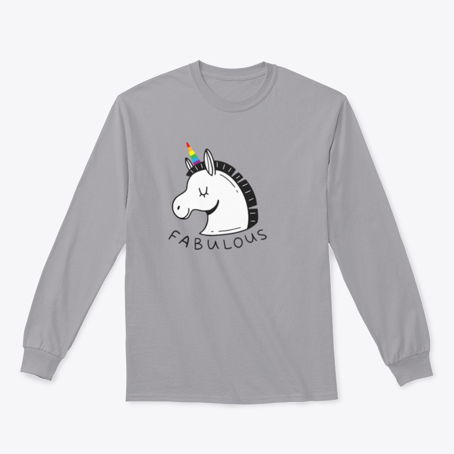 A colorful unicorn with an LGBT rainbow horn and the word 'Fabulous' in a doodle style, showcasing vibrant colors and a playful design.