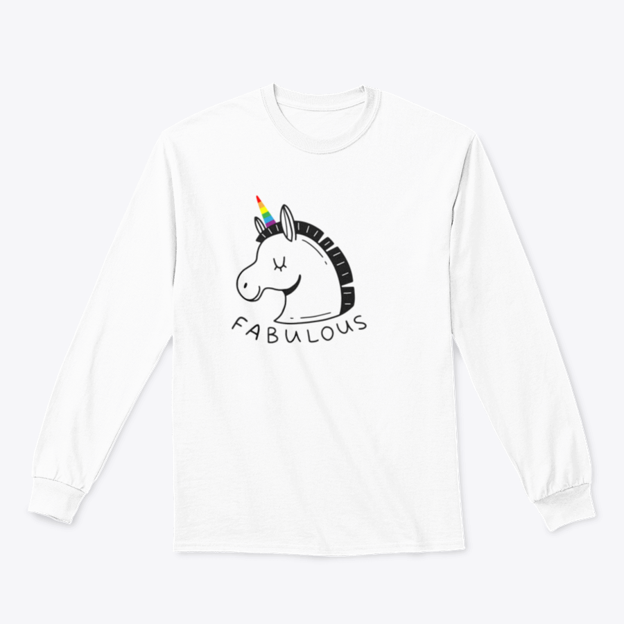A colorful unicorn with an LGBT rainbow horn and the word 'Fabulous' in a doodle style, showcasing vibrant colors and a playful design.