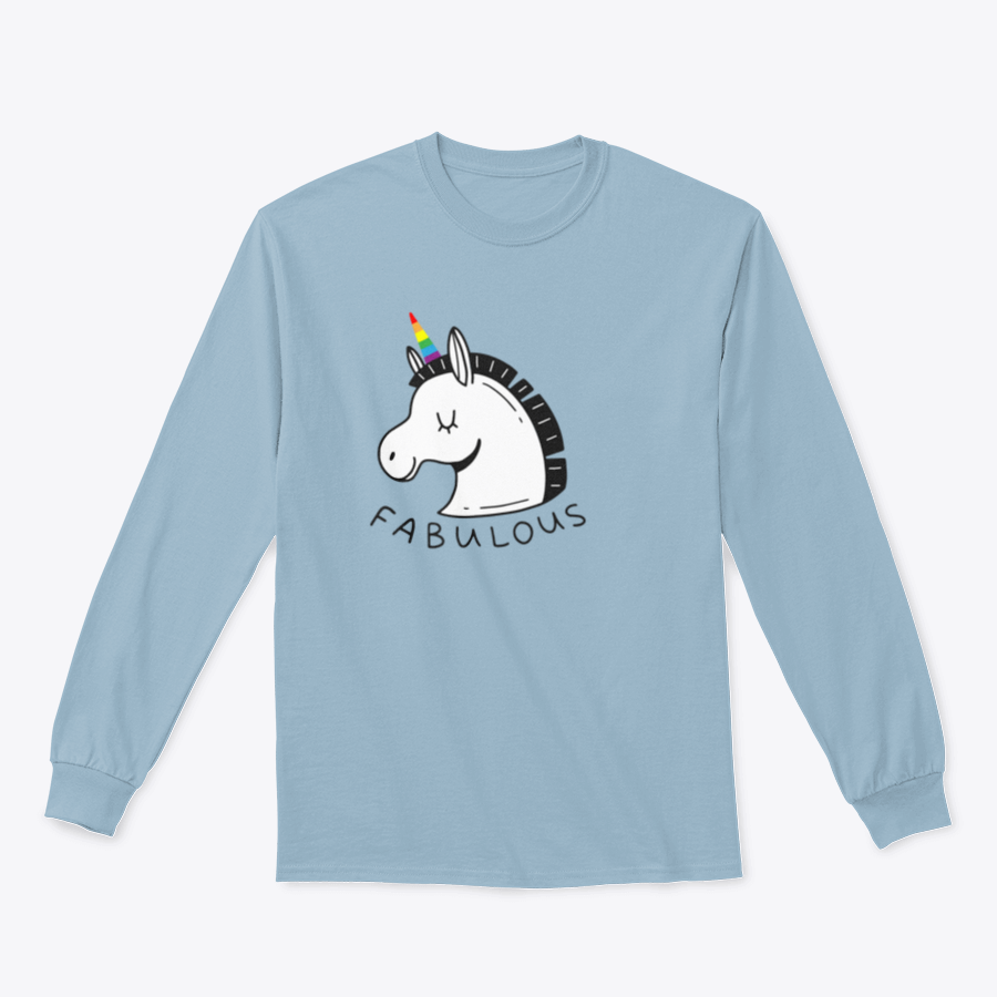 A colorful unicorn with an LGBT rainbow horn and the word 'Fabulous' in a doodle style, showcasing vibrant colors and a playful design.