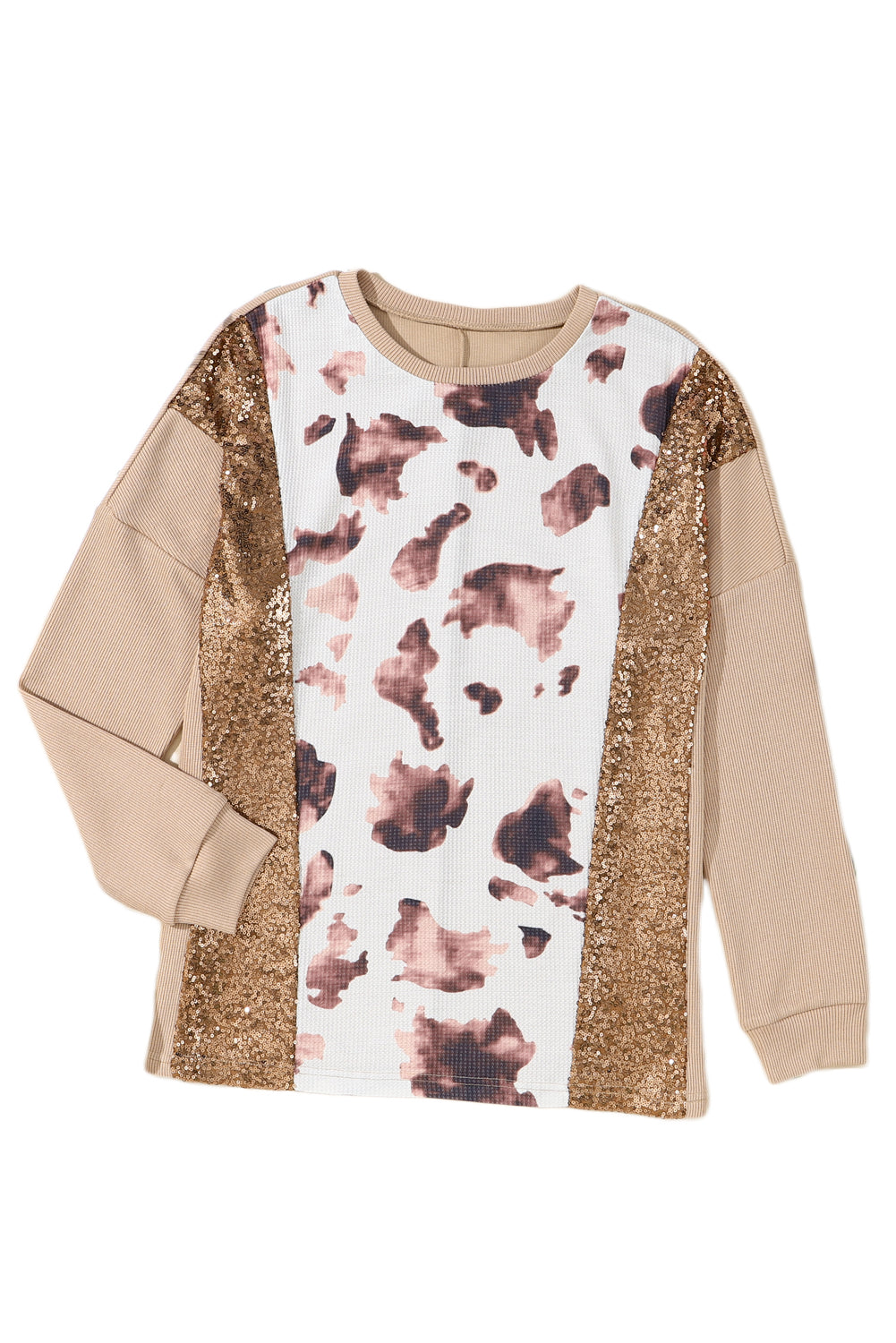 Abstract Print Sequin Patch Pullover Top featuring vibrant colors and shimmering sequins, perfect for stylish casual wear.