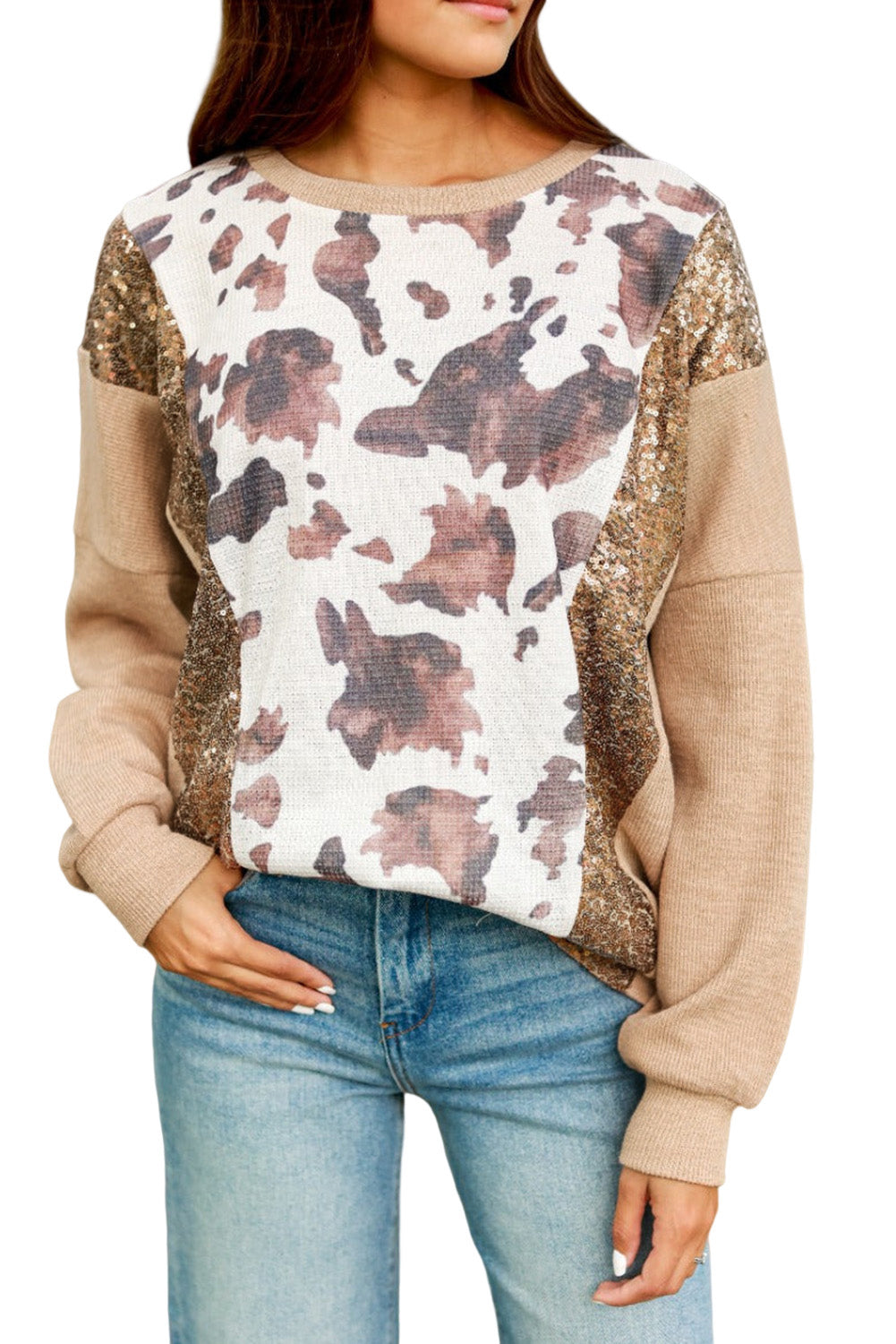 Abstract Print Sequin Patch Pullover Top featuring vibrant colors and shimmering sequins, perfect for stylish casual wear.