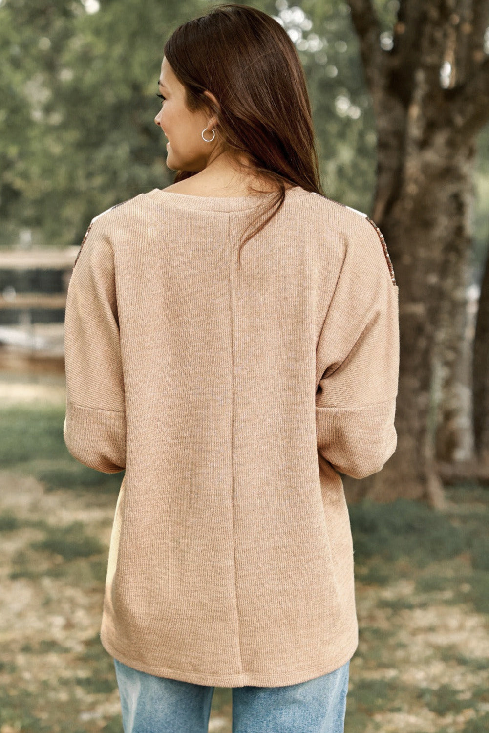 Abstract Print Sequin Patch Pullover Top featuring vibrant colors and shimmering sequins, perfect for stylish casual wear.