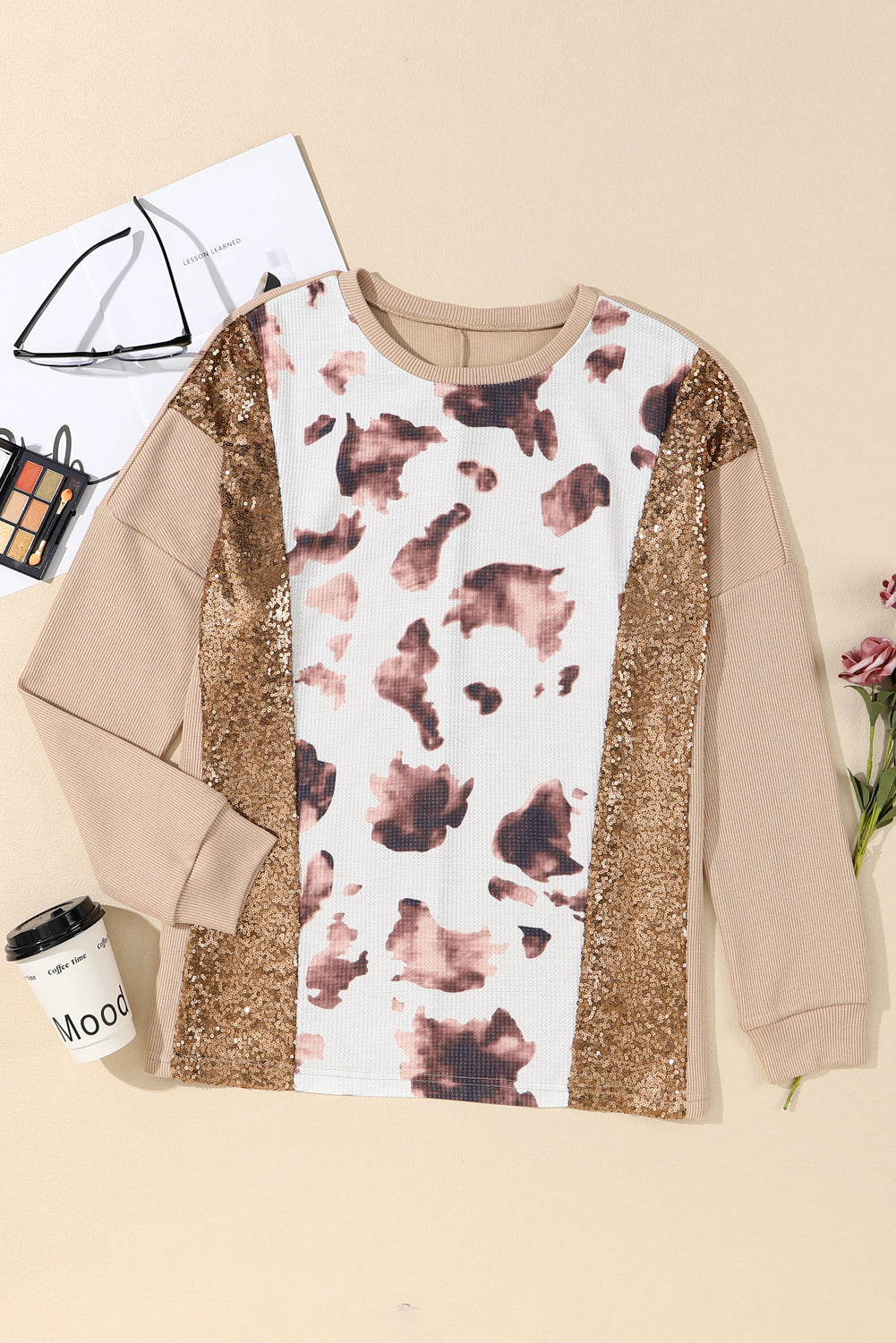 Abstract Print Sequin Patch Pullover Top featuring vibrant colors and shimmering sequins, perfect for stylish casual wear.