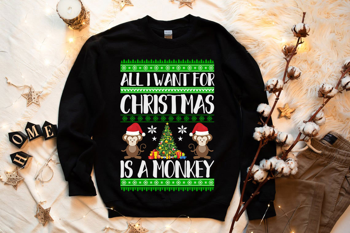 A cozy Gildan crewneck sweatshirt featuring a playful monkey design, perfect for Christmas celebrations.