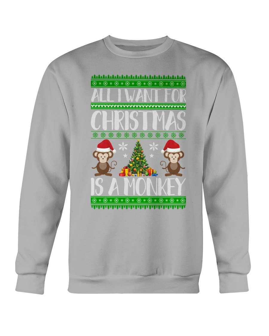 A cozy Gildan crewneck sweatshirt featuring a playful monkey design, perfect for Christmas celebrations.