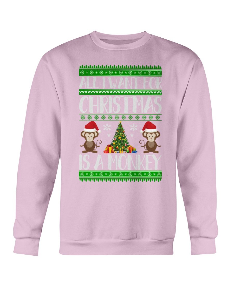 A cozy Gildan crewneck sweatshirt featuring a playful monkey design, perfect for Christmas celebrations.
