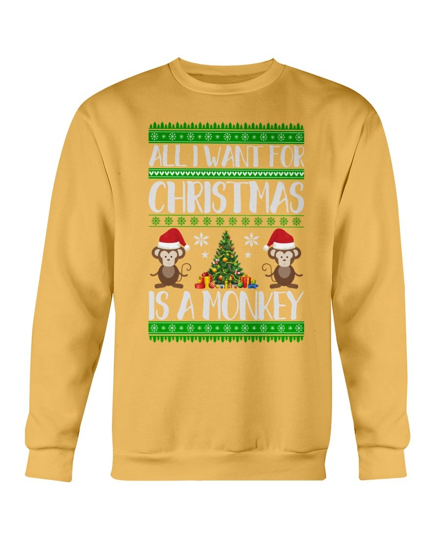 A cozy Gildan crewneck sweatshirt featuring a playful monkey design, perfect for Christmas celebrations.