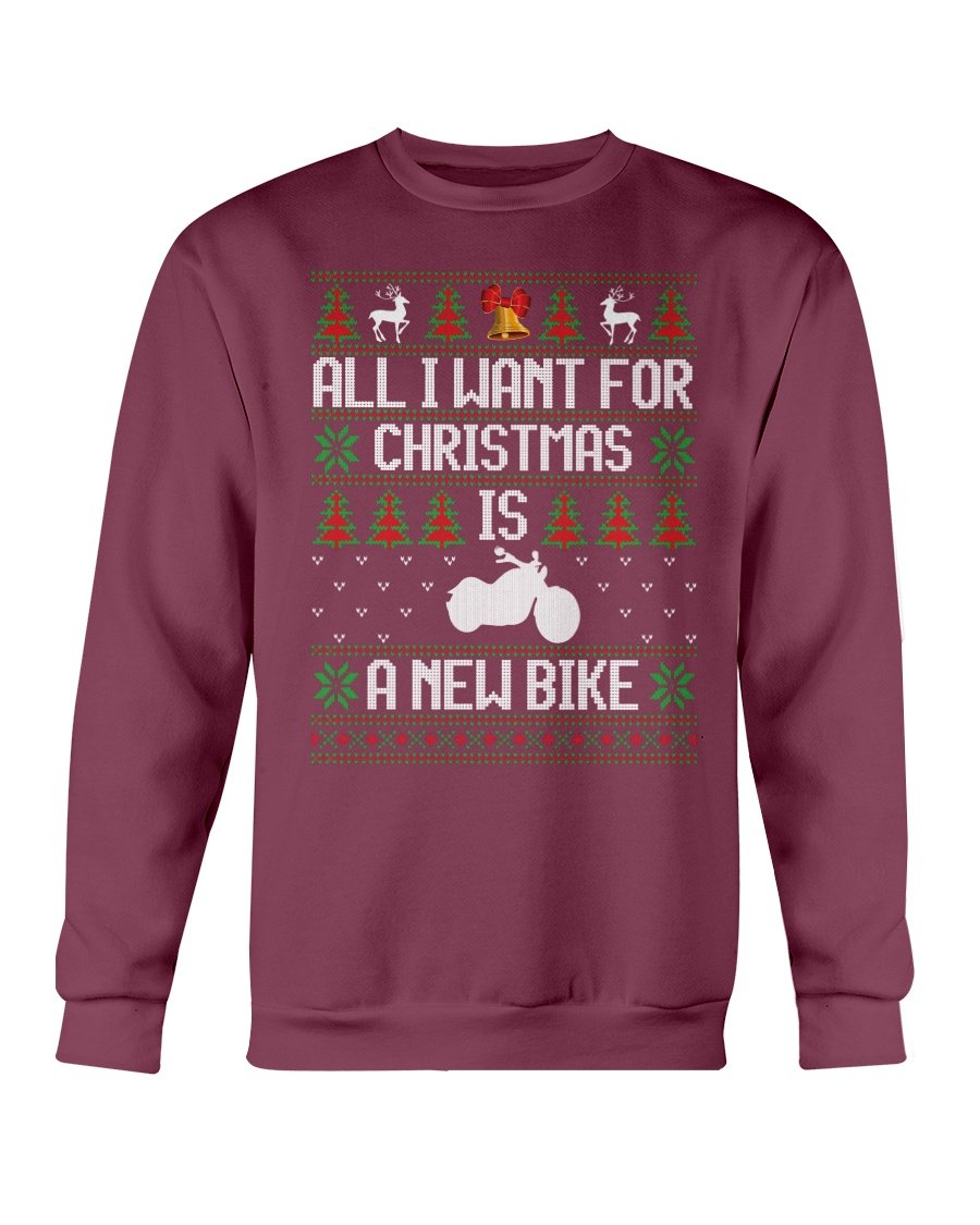A cozy Gildan crewneck sweatshirt featuring a festive design that reads 'All Want for Christmas is New Bike', perfect for winter wear.
