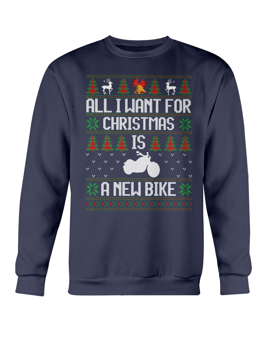 A cozy Gildan crewneck sweatshirt featuring a festive design that reads 'All Want for Christmas is New Bike', perfect for winter wear.