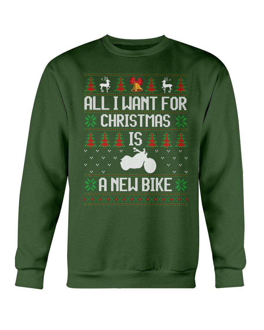 A cozy Gildan crewneck sweatshirt featuring a festive design that reads 'All Want for Christmas is New Bike', perfect for winter wear.