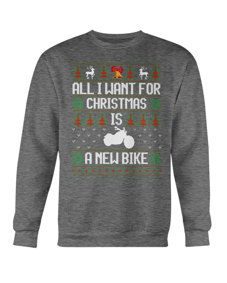 A cozy Gildan crewneck sweatshirt featuring a festive design that reads 'All Want for Christmas is New Bike', perfect for winter wear.