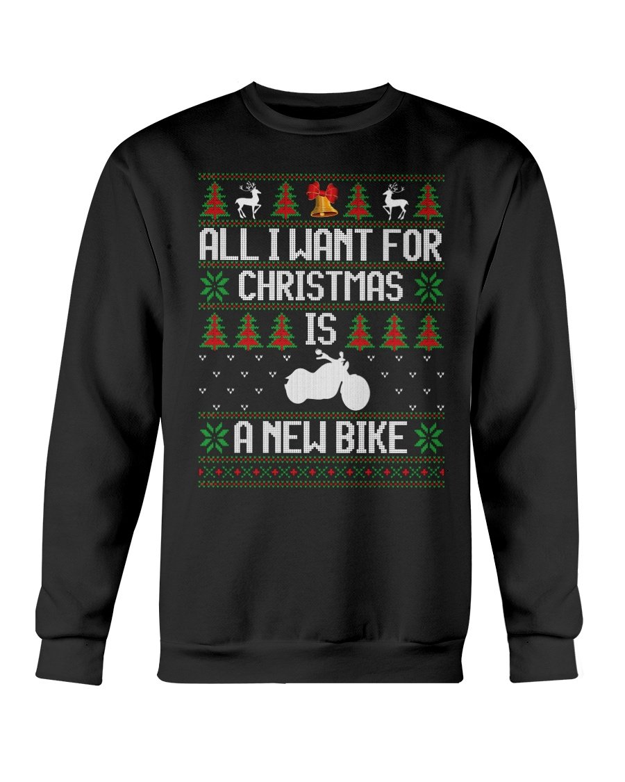A cozy Gildan crewneck sweatshirt featuring a festive design that reads 'All Want for Christmas is New Bike', perfect for winter wear.