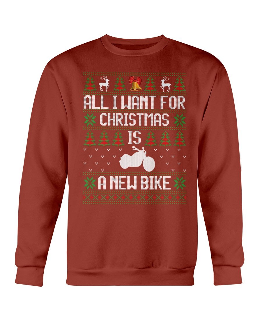 A cozy Gildan crewneck sweatshirt featuring a festive design that reads 'All Want for Christmas is New Bike', perfect for winter wear.