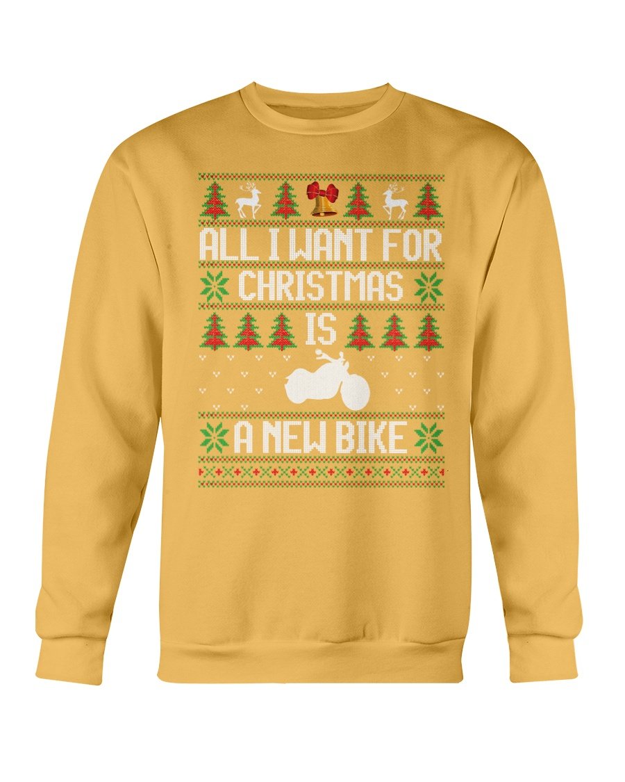 A cozy Gildan crewneck sweatshirt featuring a festive design that reads 'All Want for Christmas is New Bike', perfect for winter wear.