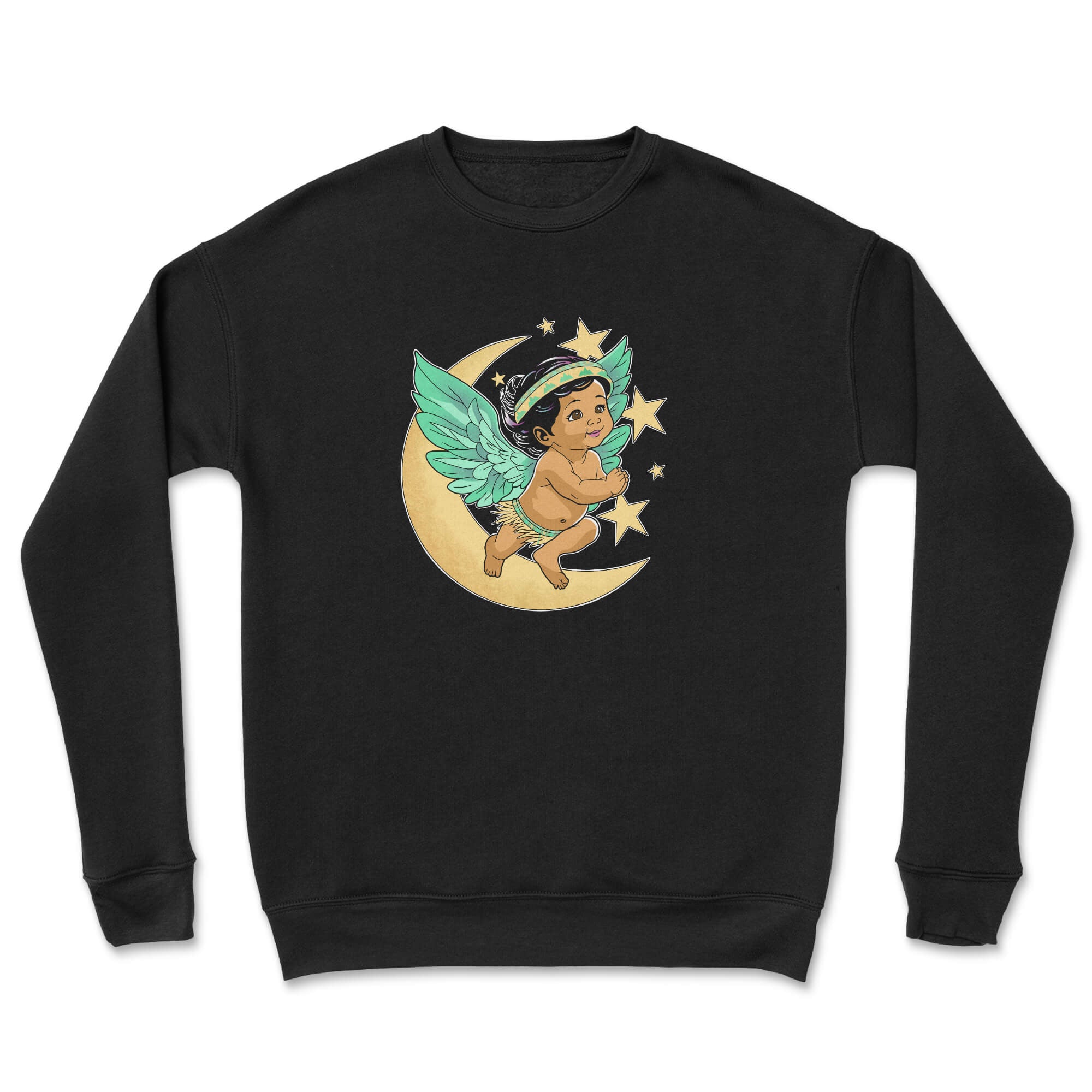 Baby Kale Turquoise Crewneck featuring Indigenous artwork, soft fabric, and ribbed cuffs.