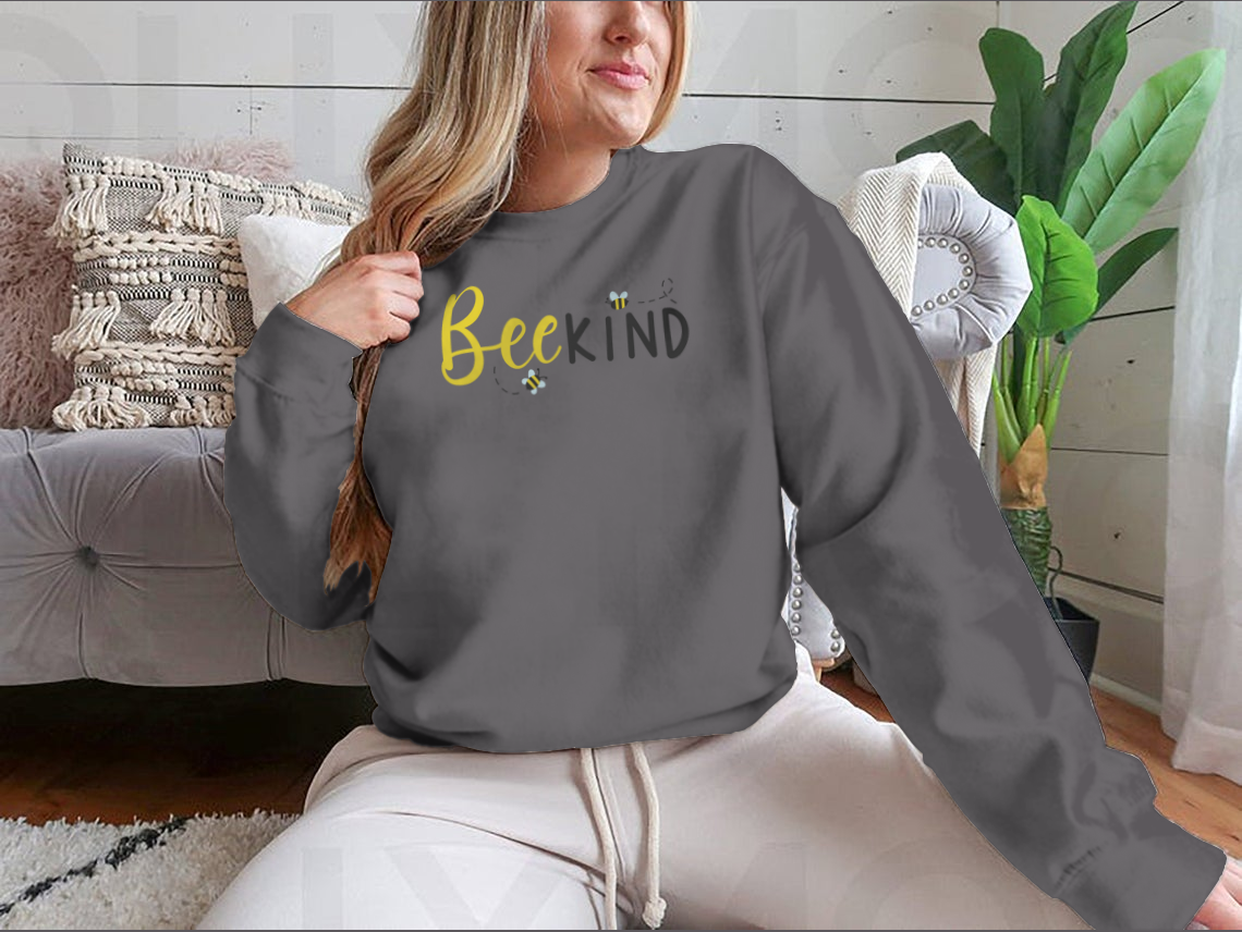 Bee Kind Inspirational Quote Tee featuring cute bees and a handwritten quote, made from soft cotton fabric.