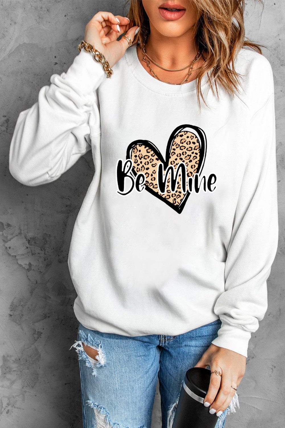 Be Mine Leopard Heart Print Sweatshirt featuring a stylish leopard heart design, long sleeves, and a round neckline, perfect for autumn and winter wear.