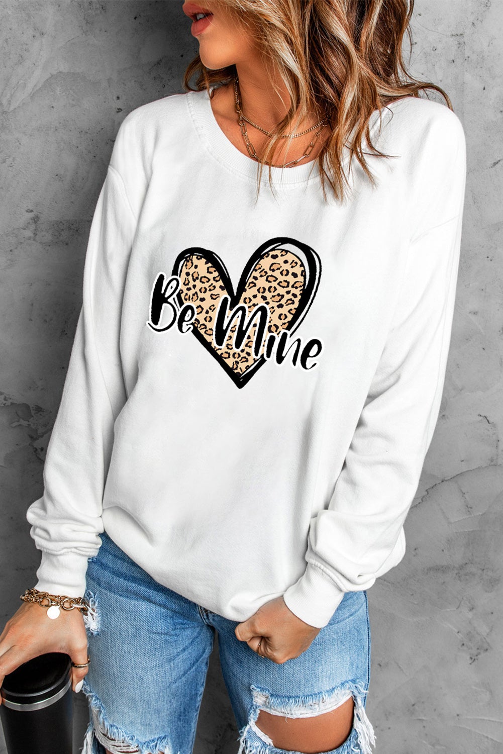 Be Mine Leopard Heart Print Sweatshirt featuring a stylish leopard heart design, long sleeves, and a round neckline, perfect for autumn and winter wear.