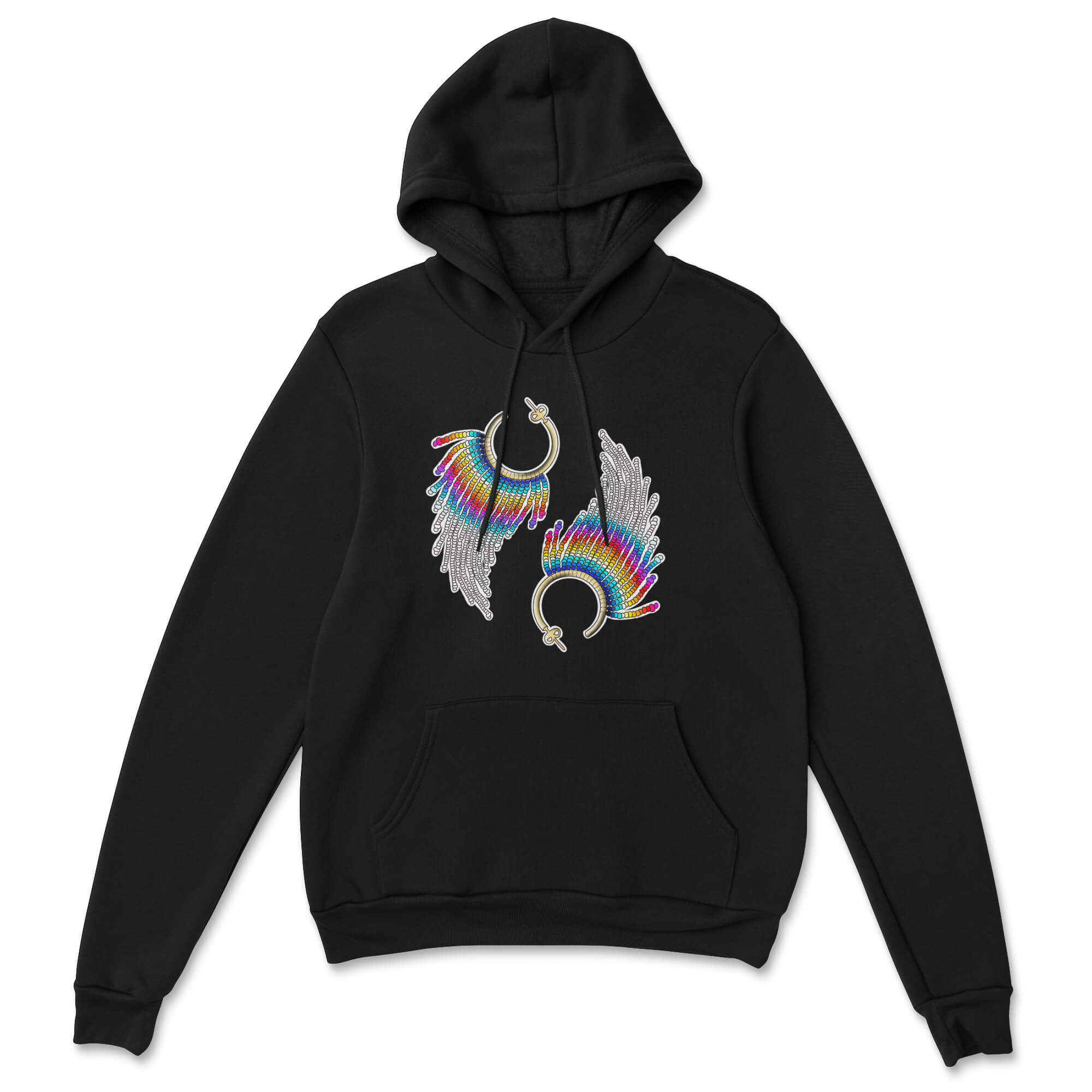 Beadiful Earrings Hoodie showcasing vibrant Indigenous designs, featuring a kangaroo pocket and drawstring hood, perfect for comfort and style.