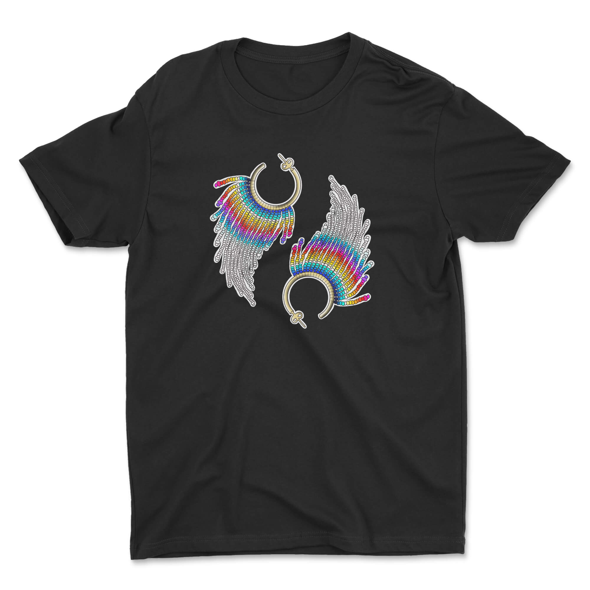 Beadiful Earrings Tee featuring vibrant Indigenous designs, showcasing cultural appreciation and comfort.